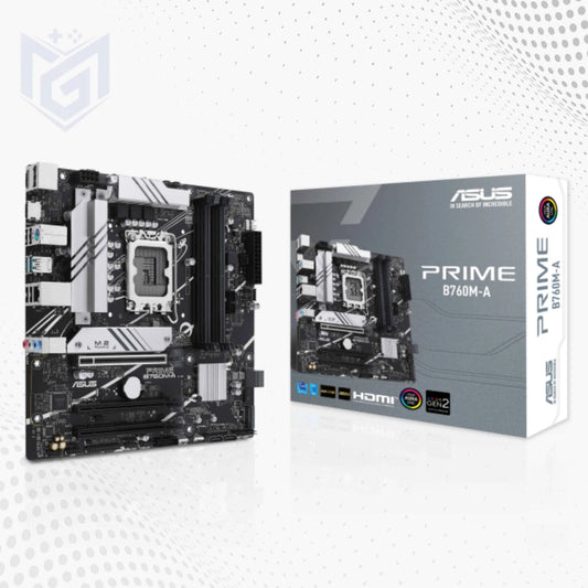 ASUS Prime B760M-A motherboard shown next to its retail packaging box on a light gray and white patterned background.