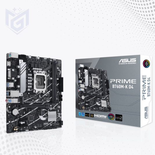 ASUS Prime B760M-K D4 motherboard shown standing upright next to its retail packaging box on a light gray and white patterned background.