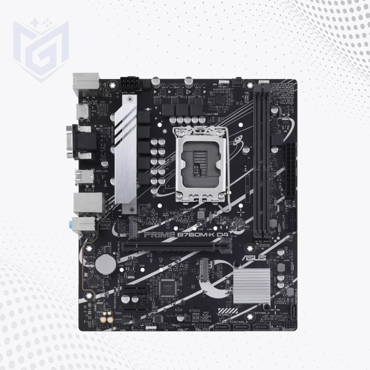 ASUS Prime B790M-D4 motherboard in a black and silver color scheme, shown from a top-down perspective on a light gray patterned background.