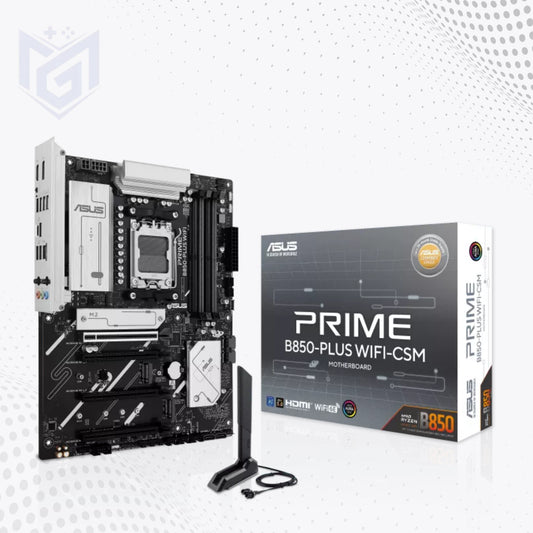 ASUS PRIME B850-PLUS WIFI-CSM motherboard shown next to its retail packaging box, with a small external antenna and cable placed in front, on a light gray patterned background.