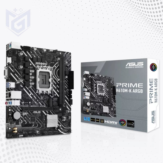 ASUS Prime H610M-K ARGB motherboard shown next to its retail packaging box on a light gray patterned background.