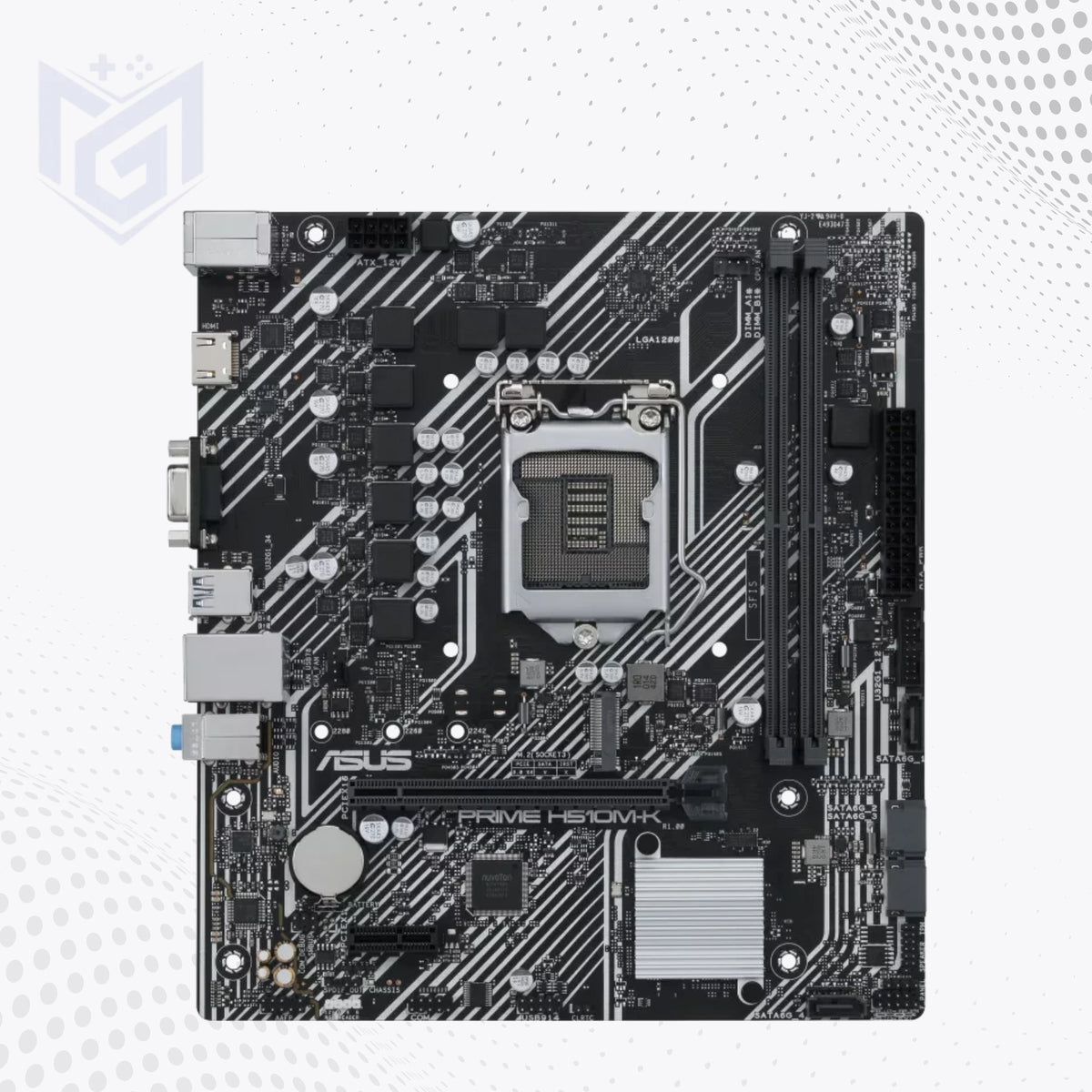 An ASUS Prime H610K motherboard photographed from above on a light gray background with a subtle geometric pattern.