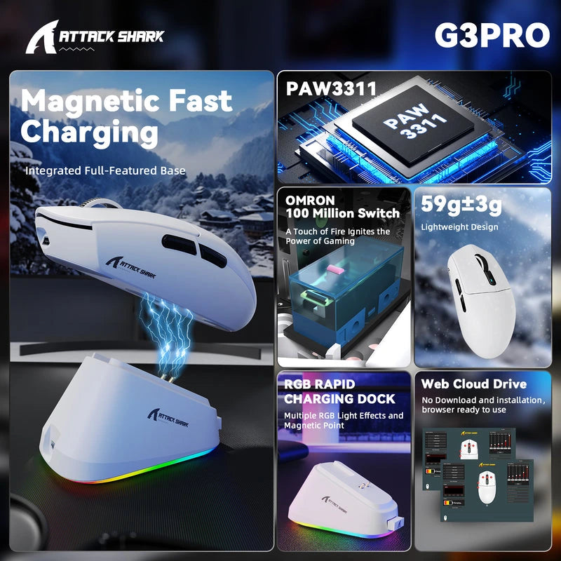 Attack Shark G3Pro Wireless Gaming Mouse White Price in Pakistan - Mega Games