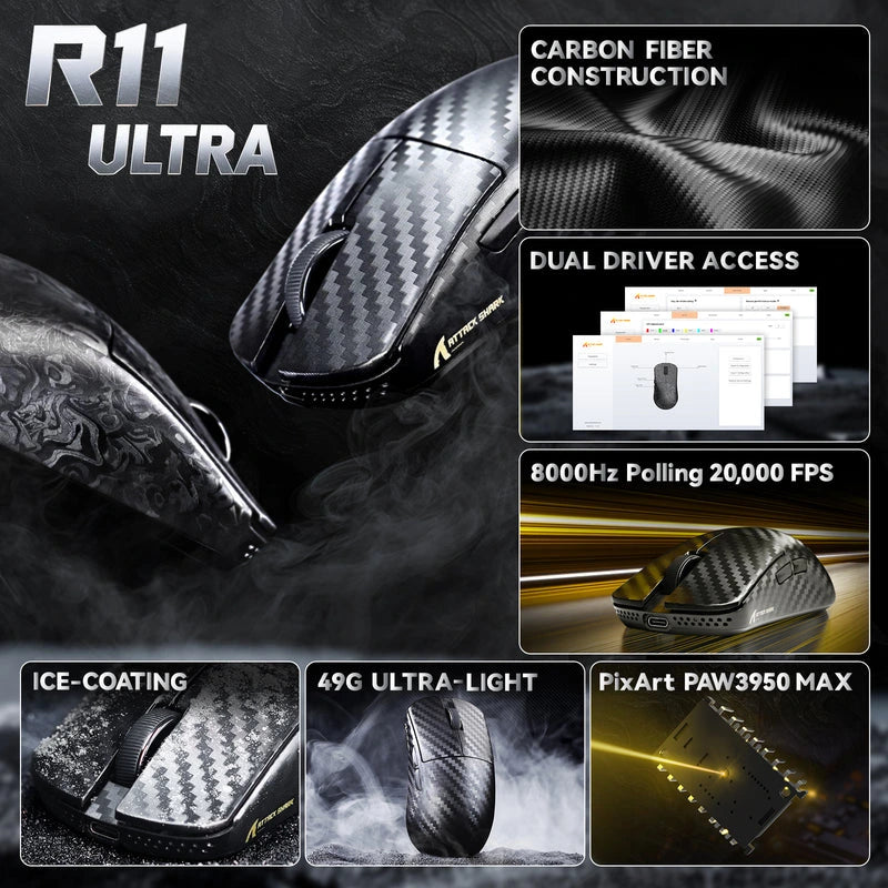 ATTACK SHARK R11 ULTRA Carbon Fiber Wireless 8K Gaming Mouse Price in Pakistan - Mega Games