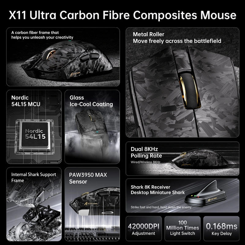 ATTACK SHARK X11 ULTRA Carbon Fiber Wireless 8K PAW3950MAX Gaming Mouse